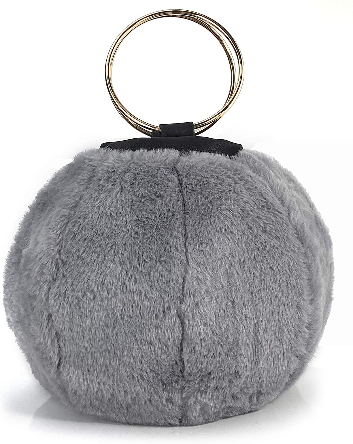 Price:$22.90 Women Fur Top Handle Bag with Ring Wristlet Chain Shoulder Handbag (Grey)  Handbags   