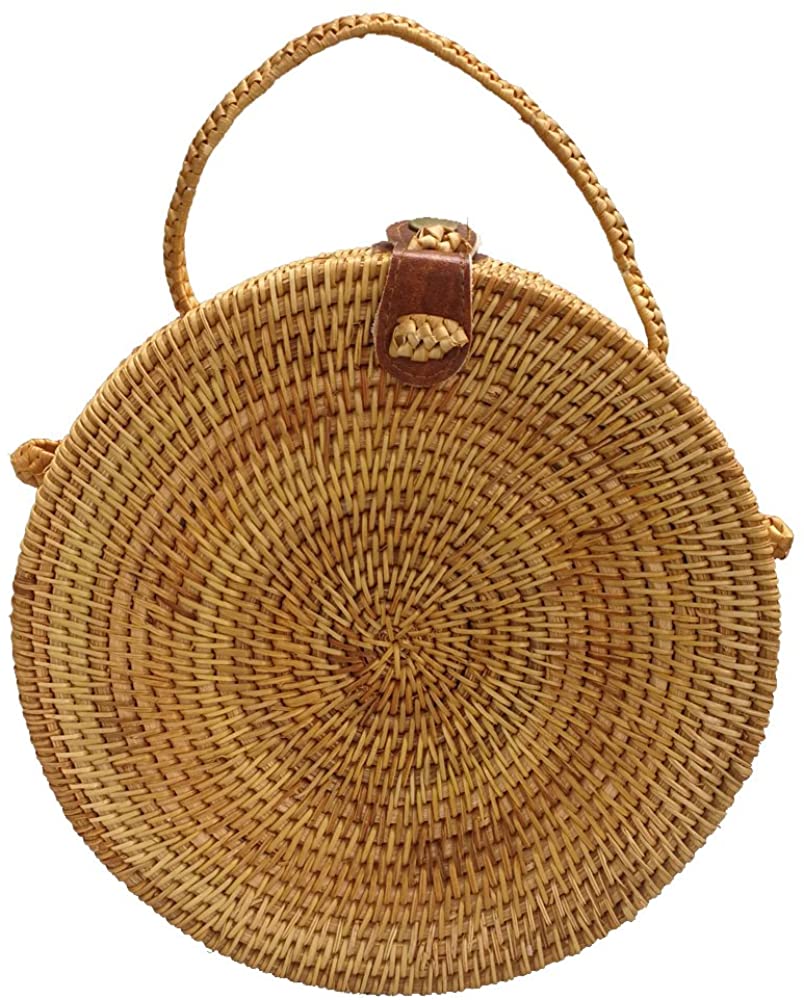 Price:$41.99 Women Straw Handbag Round Rattan Handmade Tote Shoulder Bag Summer Beach Dual-use Crossbody Tote Purse (8.6" Easy Clasp with Lining)  Handbags   