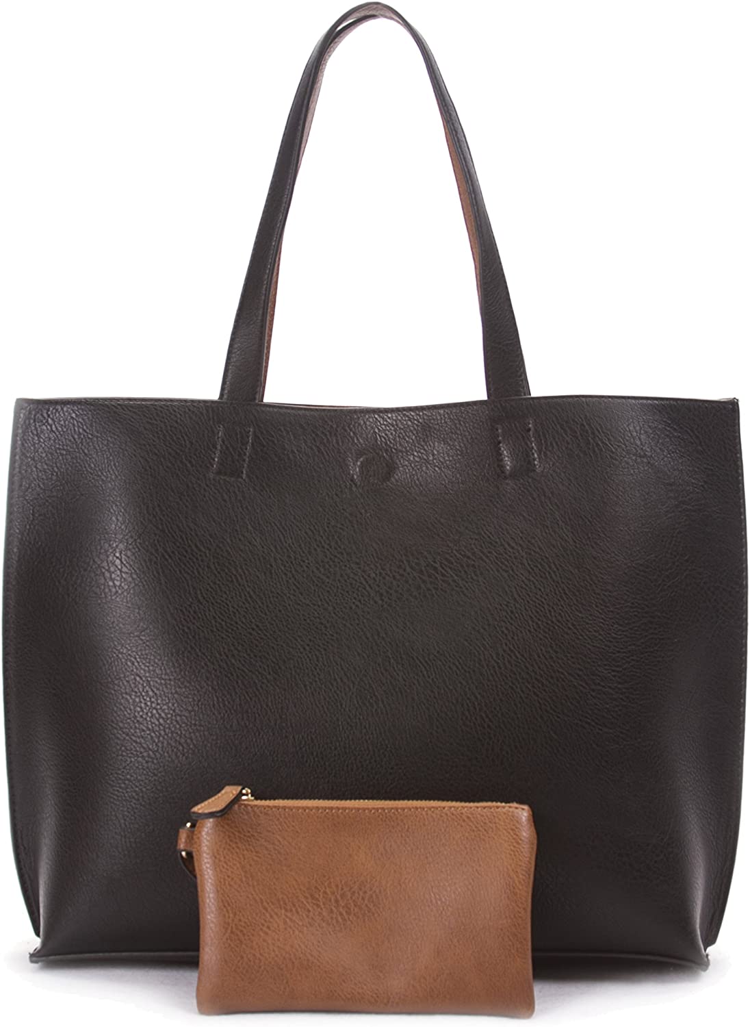 Price:$32.95    Overbrooke Reversible Tote Bag - Vegan Leather Womens Shoulder Tote with Wristlet, Black/Light Brown, Large  Clothing