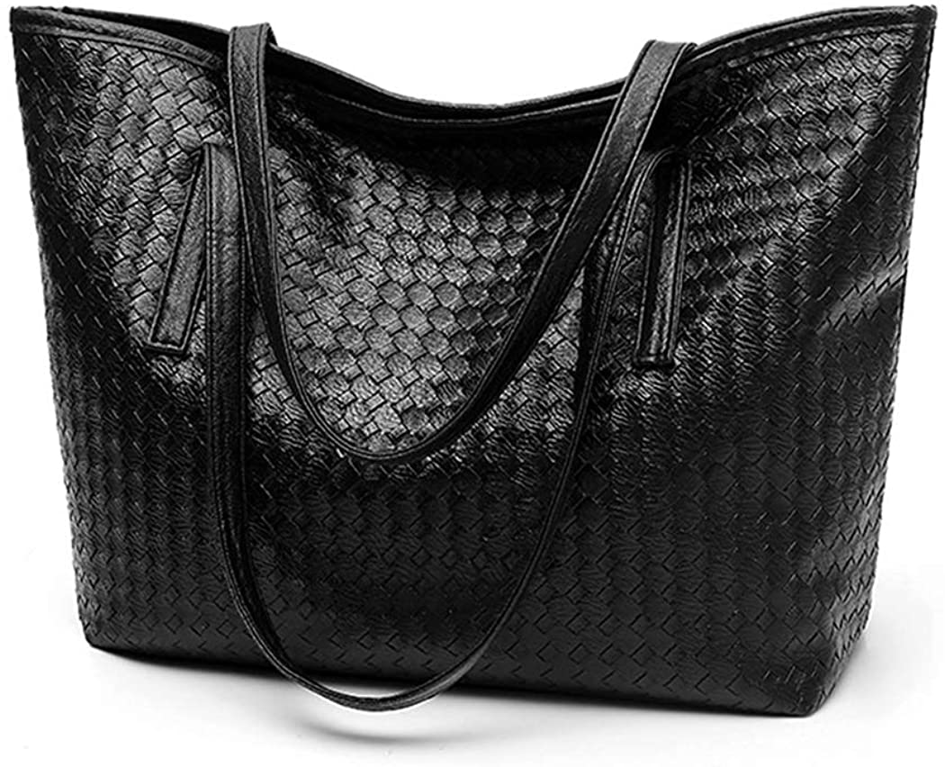 Price:$16.69    Atheba Fashion Weave Soft Leather Tote Bag Shoulder Bag Extra Large Capacity Handbag for Women, Black  Clothing