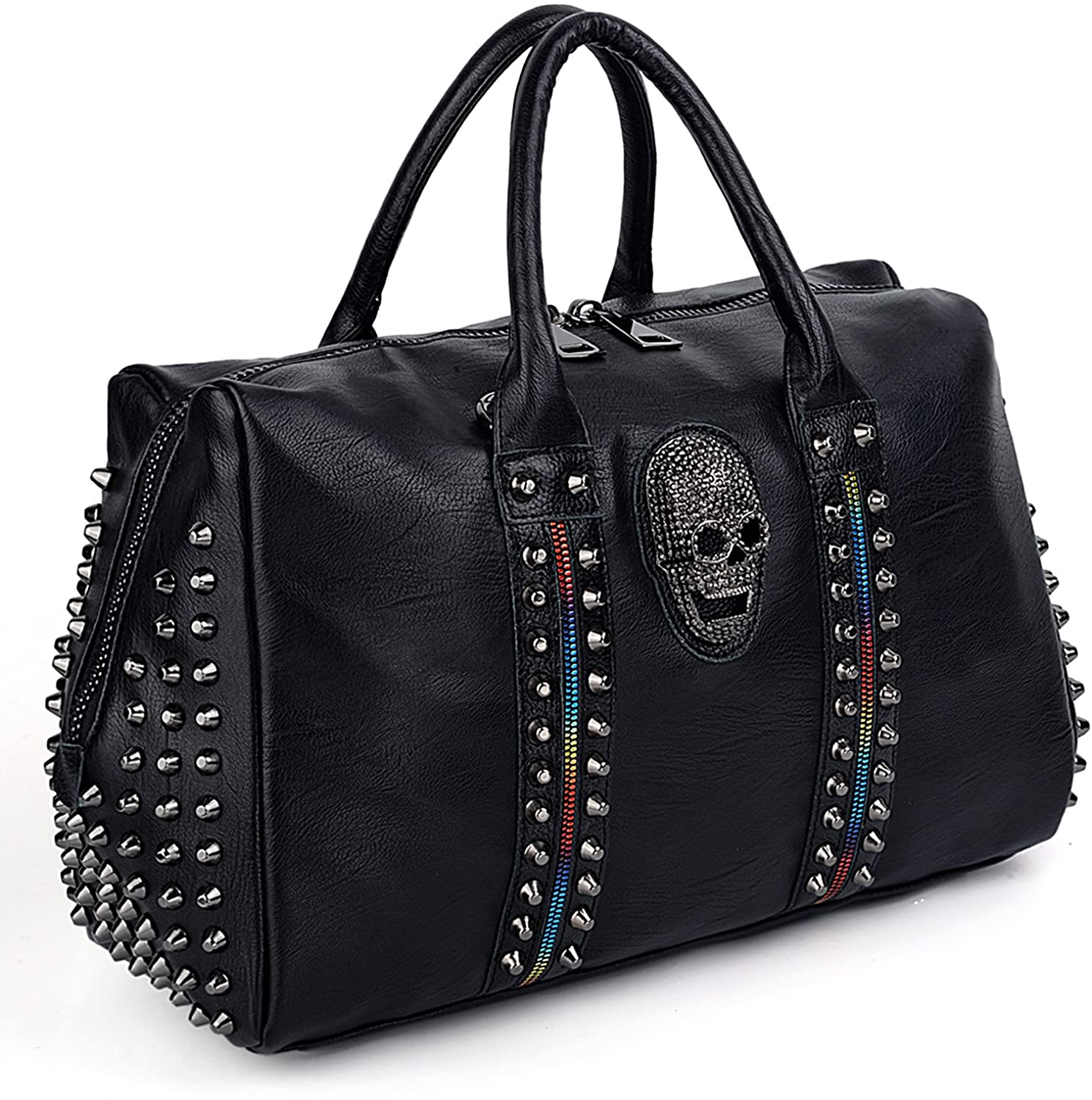 Price:$39.99 UTO Women Skull Tote Bag Rivet Studded Colorful Zip Handbag PU Leather Purse Shoulder Bags A 512  Handbags   
