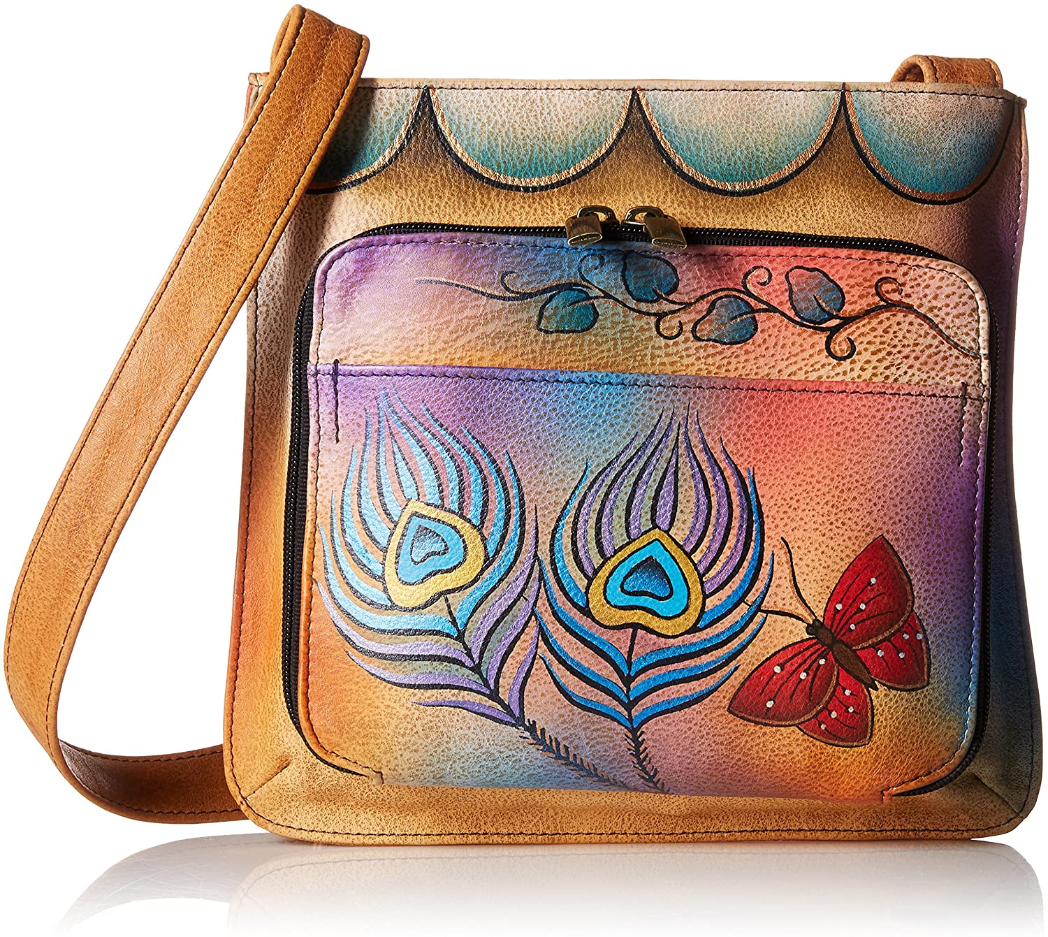 Price:$93.41    Anna by Anuschka Genuine Leather Slim Shoulder Organizer | Hand-Painted Original Artwork | Peacock Butterfly  Clothing