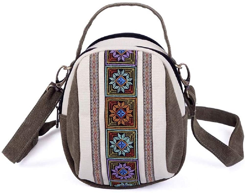 Price:$13.99 Small Crossbody Wallet Purse Cell Phone Bag Case Canvas Embroidery Stripe Mini Messenger Shoulder Bag for Women and Girl Light Brown  Handbags   