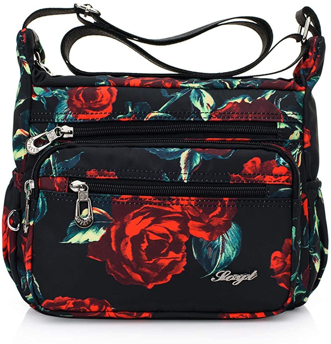 Price:$15.89 Nawoshow Nylon Floral Multi-Pocket Crossbody Purse Bags for Women Travel Shoulder Bag (Rose)  Handbags   