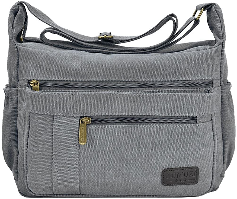 Price:$19.99 Fabuxry Light Weight Canvas Shoulder Bag for Women Messenger Handbags Cross Body Multi Zipper Pockets Bag (Grey)  Handbags   