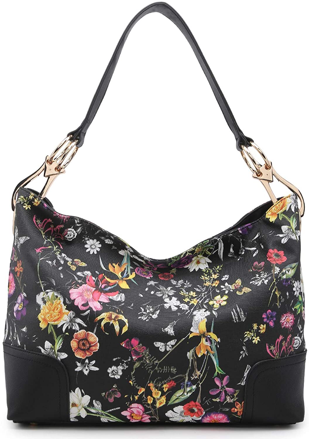 Price:$36.99    Dasein Women Hobo Bags Shoulder Handbags Hobo Purses Big Hook Hardware and Wide Strap (black flower)  Clothing
