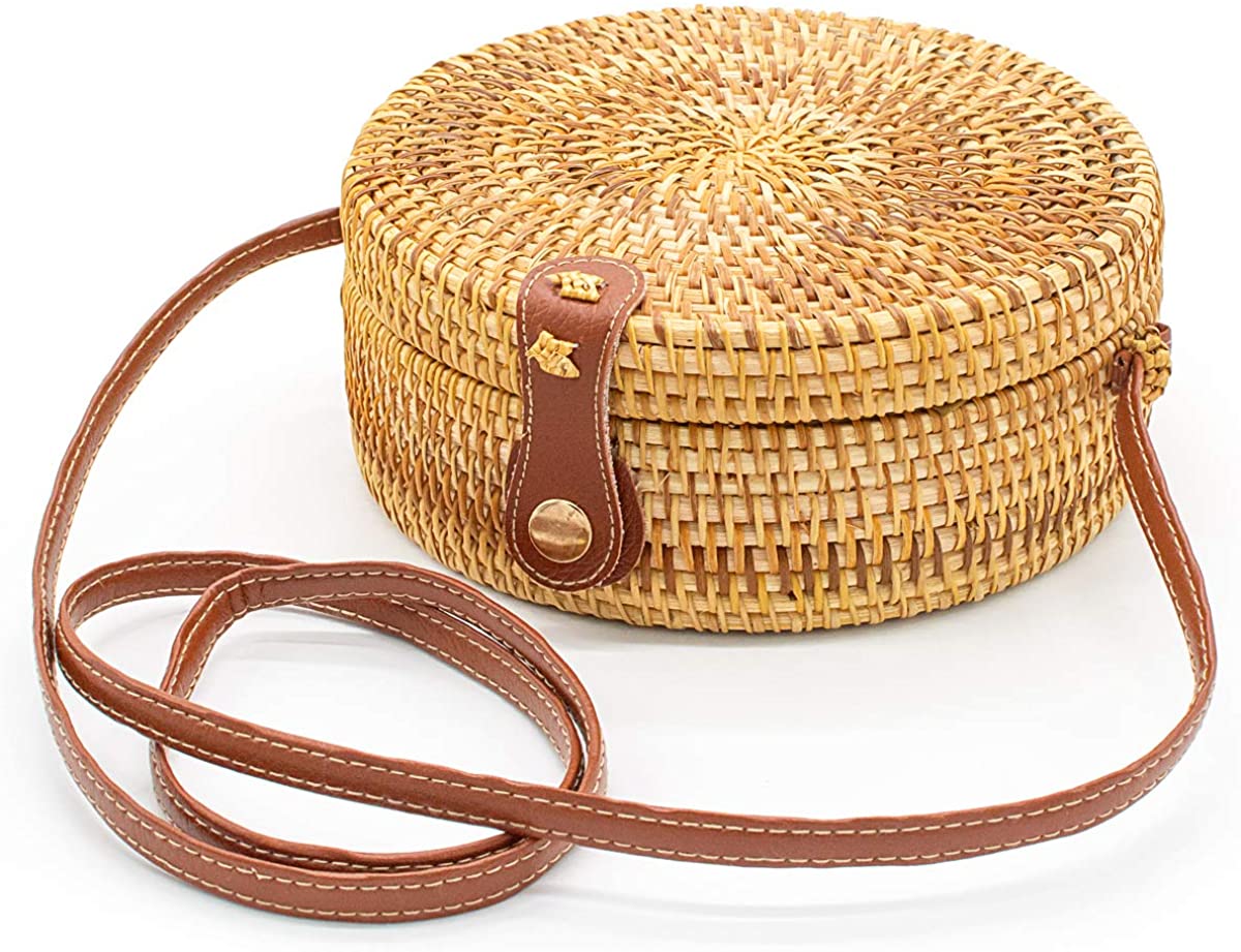 Price:$21.99 OUTLETNY Round Rattan Bag, Beach Straw Woven Crossbody Purse for Women, Handmade Shoulder Bag with Leather Strap & Snap Clasp (Leather buckle), Brown, Large  Handbags   