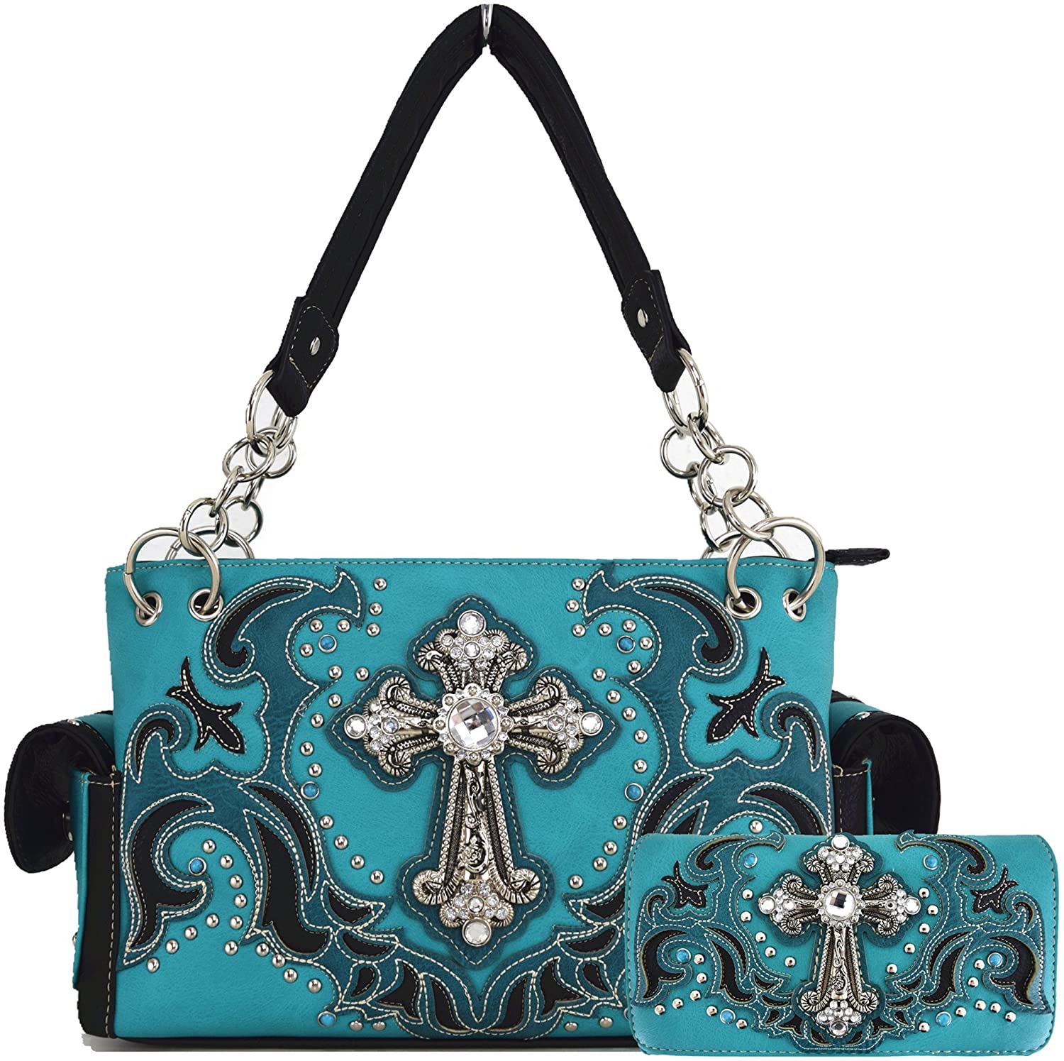 Price:$59.95 Western Style Rhinestone Cross Stud Concealed Carry Purse Laser Cut Handbag Women Shoulder Bag Wallet Set (Turquoise Set)  Handbags   