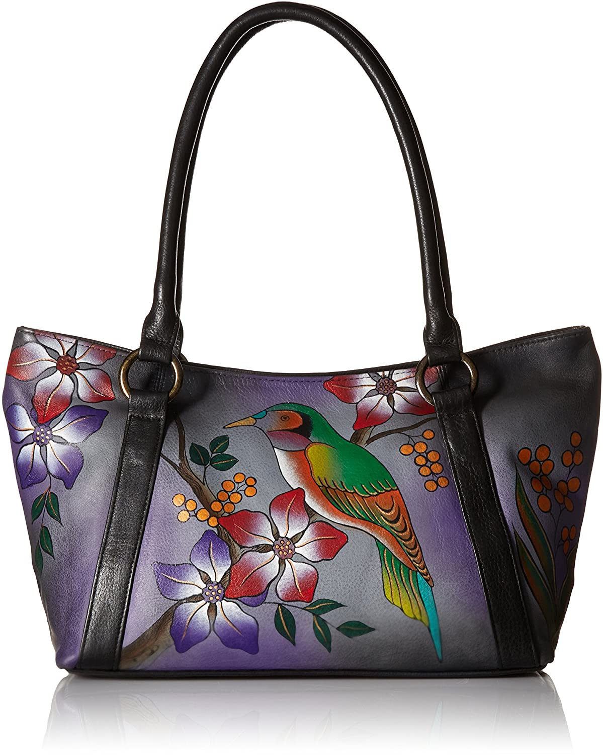 Price:$149.00    Anna by Anuschka Genuine Leather Tote Shoulder Bag | Hand-Painted Original Artwork | Bird On Branch Grey  Clothing