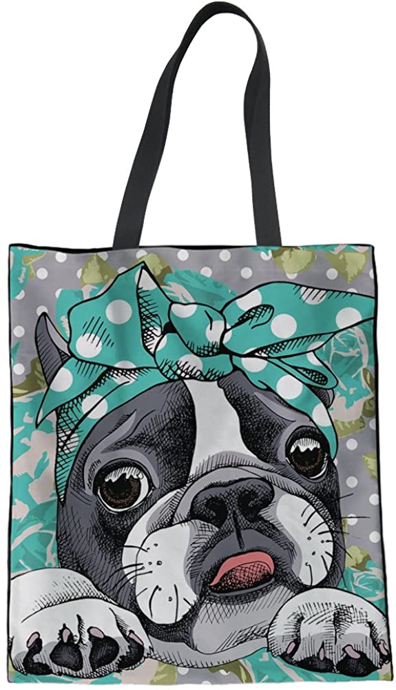 Price:$8.99    HUGS IDEA Women Fashion Linen Shoulder Bag Cute Boston Terrier Print Shopping Tote Bag Handbag  Clothing