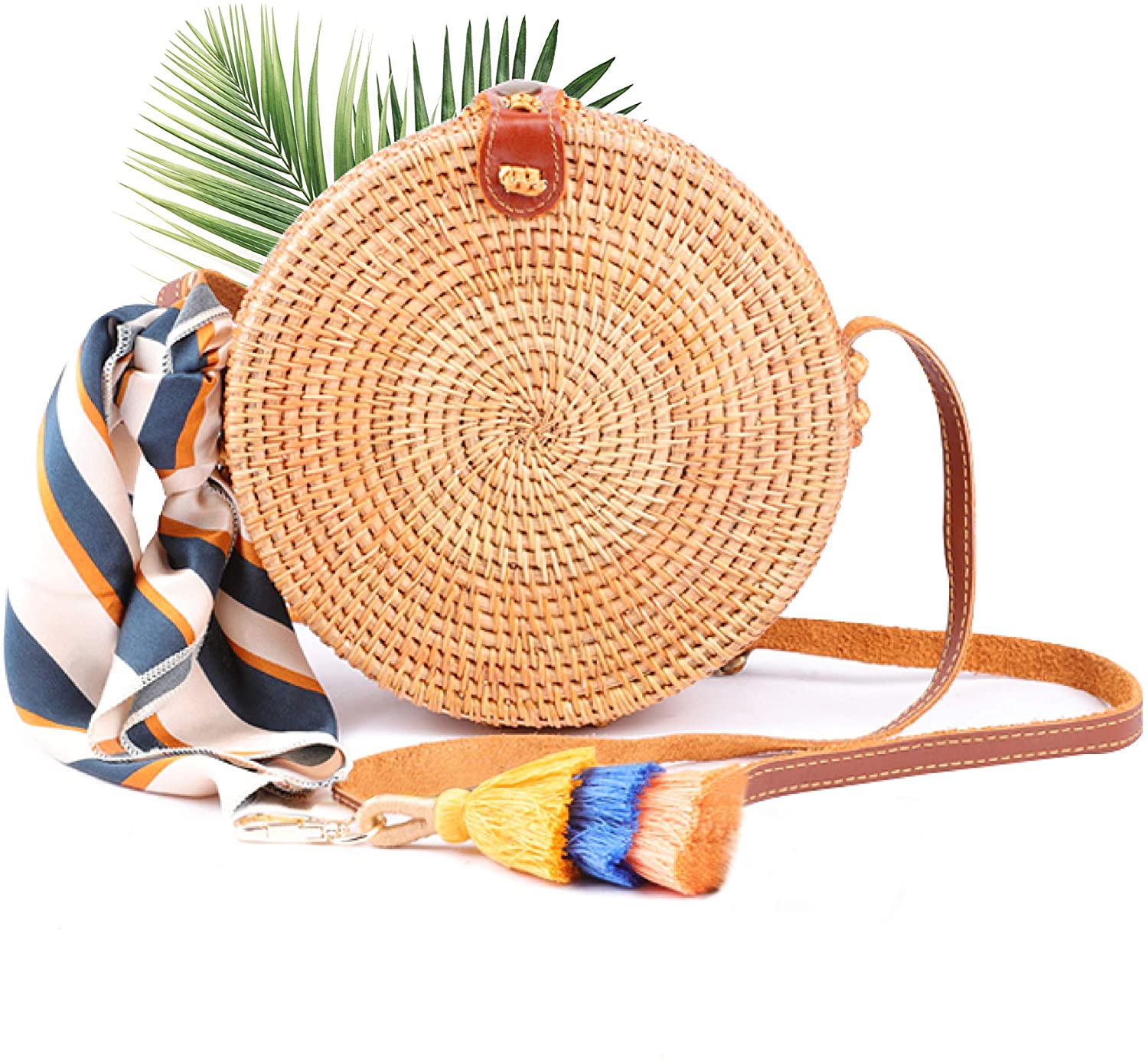 Price:$22.98    MONU Upgrade Ata Rattan Bag Round Hand Woven Bohemian Crossbody Purse, Circle Handmade Straw Beach Tote, Chic Handbag with Leather Adjustable Shoulder Straps for Women Girls  Clothing