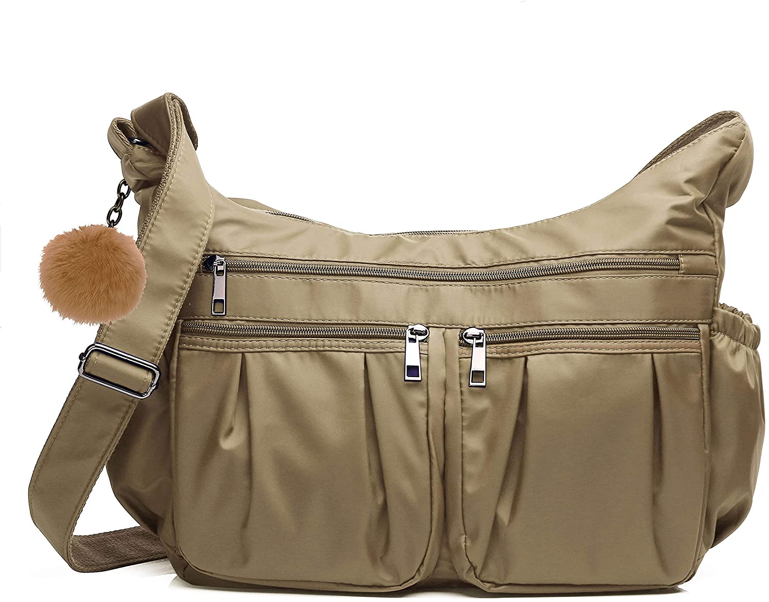 Price:$25.99 Crossbody Bags for Women Multi Pocket Shoulder Bag Waterproof Nylon Travel Purses and Handbags Lightweight Work Bag (Khaki-Large with RFID Card Slot and Fur Ball)  Handbags   