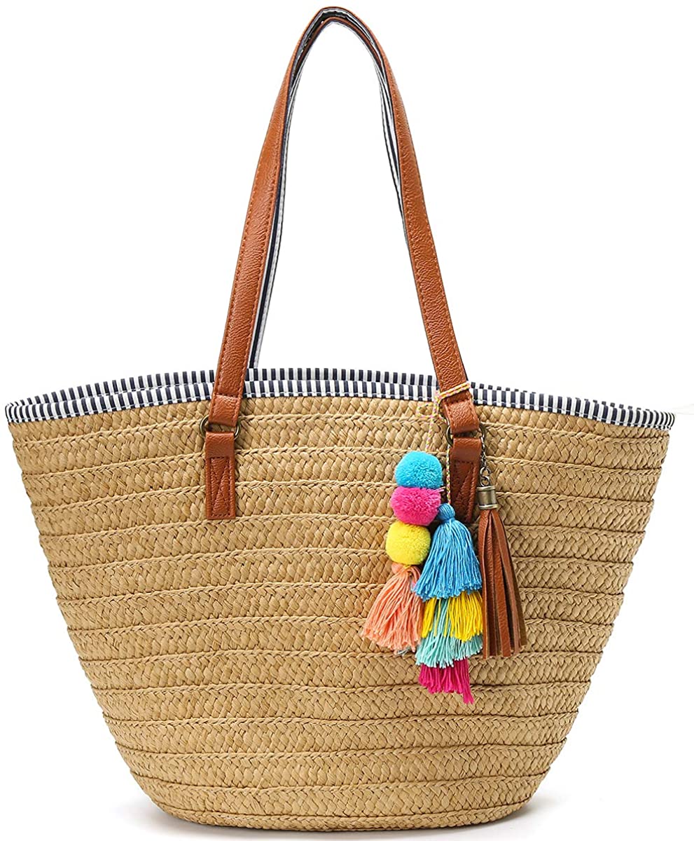Price:$24.99    Straw Beach Bags Tote Tassels Bag Hobo Summer Handwoven Shoulder Bags Purse With Pom Poms Lightbrown  Clothing
