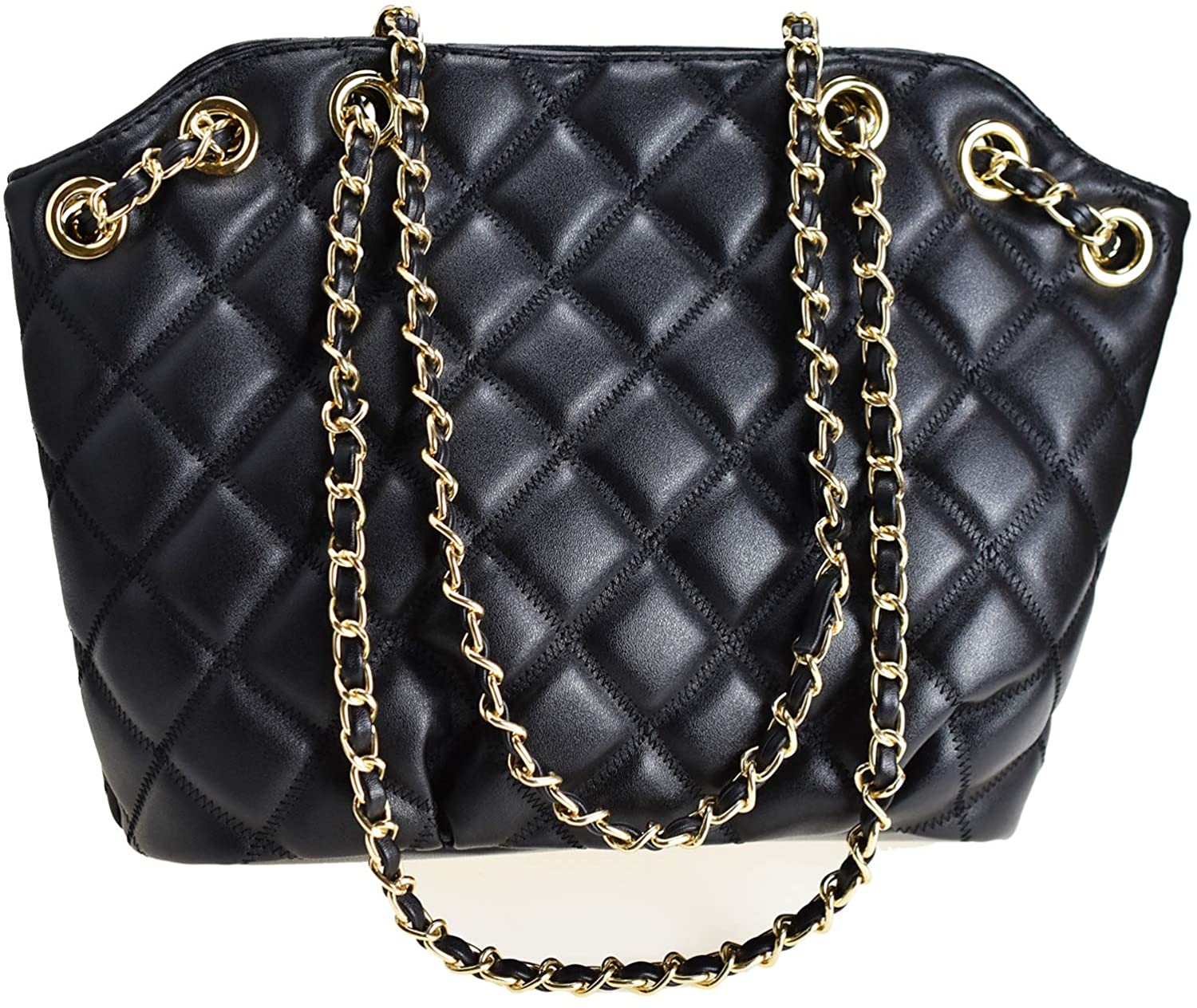 Price:$25.99    Chain Quilted Tote Bag for Women PU Leather Shoulder Handbag Satchel Purse for Girls (Tote bag black)  Clothing