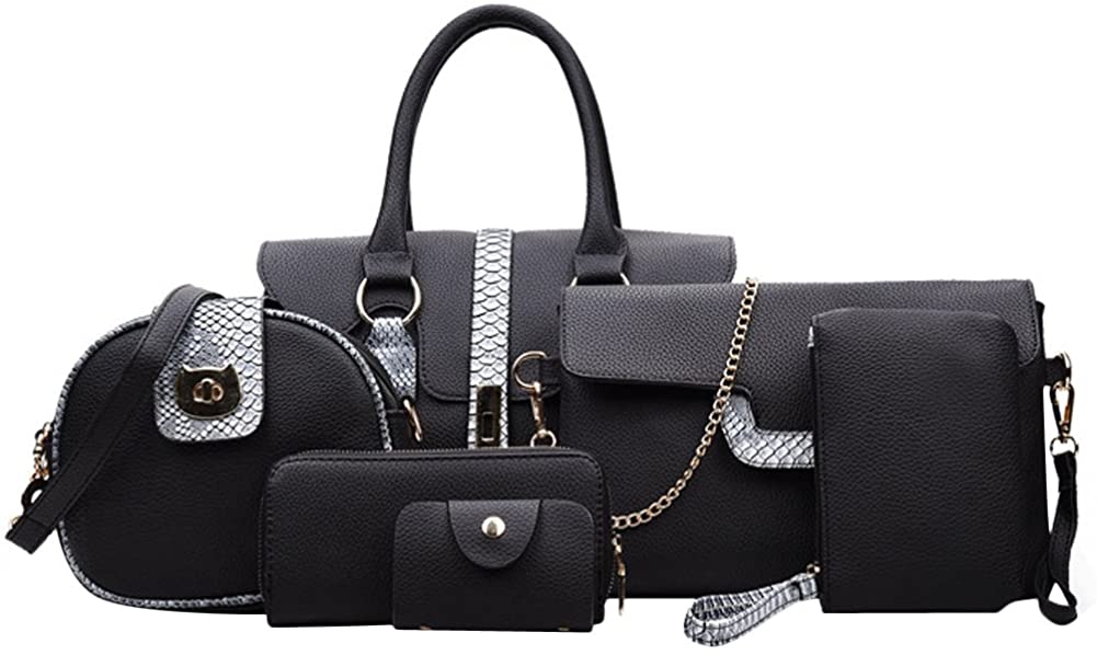 Price:$30.99    Bzybel Womens Fashion Handle Satchel Handbags Shoulder Bag Top Handle Purse Designer Tote Bag 6 Sets (Black)  Clothing