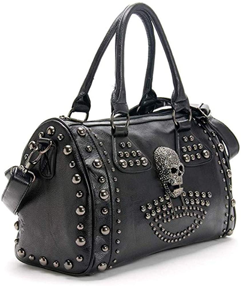 Price:$21.99    FiveloveTwo Women Skull Handbag Gothic Rivet Tote Satchel Shoulder Crossbody Bag Black  Clothing
