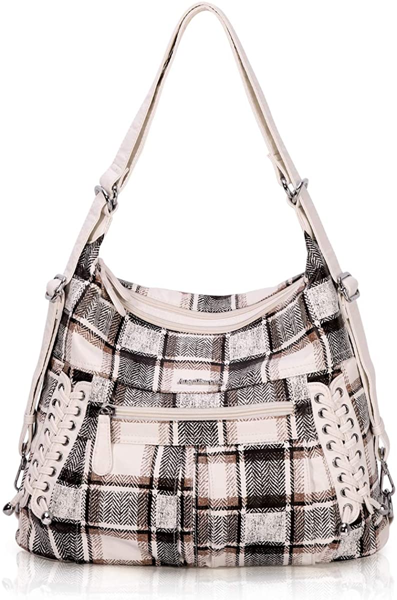 Price:$33.99    Angel Barcelo Women Multifunctional Soft Leather Handbag Purses Shoulder Hobo Backpack Crossbody Zipper Bag with Pocket White  Clothing