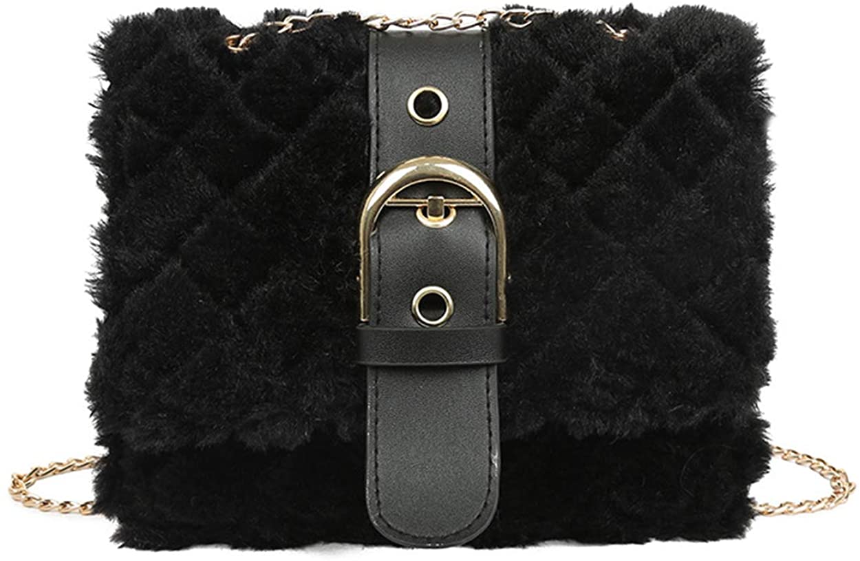 Price:$16.99 Women's Girls Faux Fur Chain Clutch Handbag Cross Body Shoulder Bag A Black  Handbags   