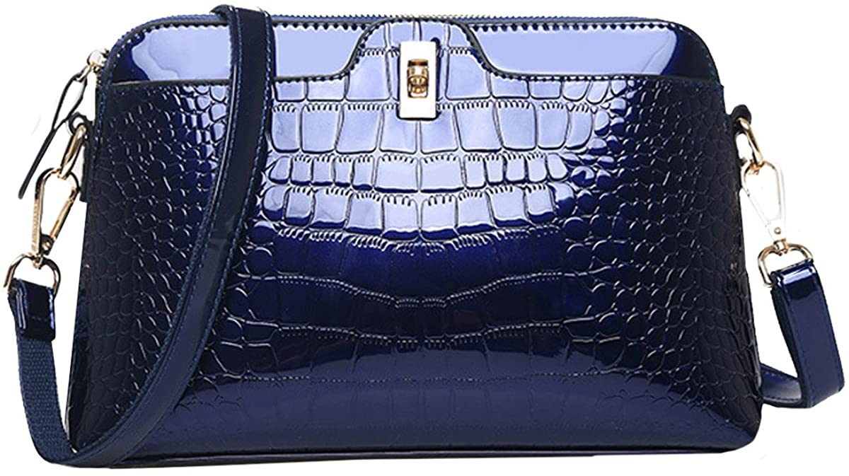 Price:$0.00    ZLMBAGUS Lady Glossy Faux Patent Leather Tote Handbag Alligator Embossing Print Satchel Purse Chain Shoulder Crossbody Bag Blue  Clothing