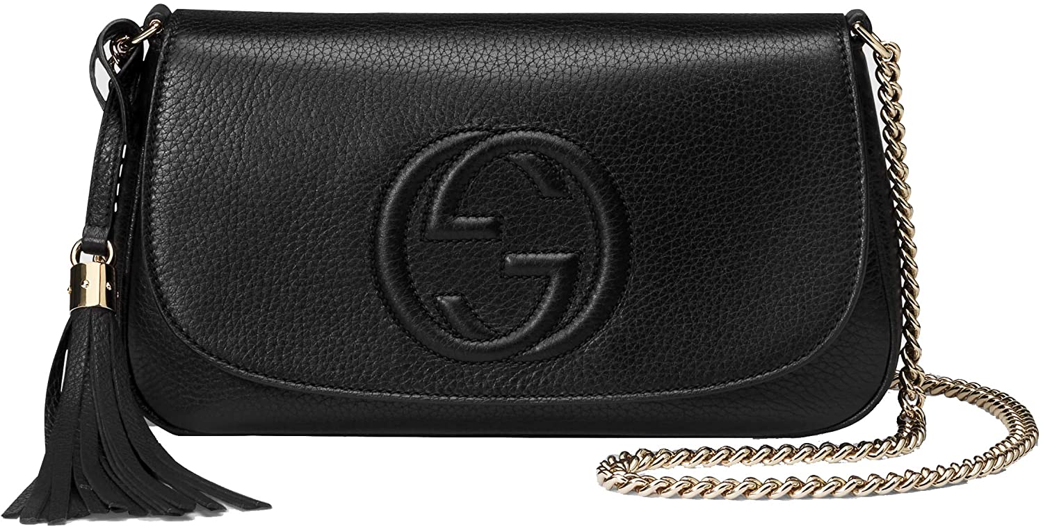 Price:$1695.00    Gucci Soho Leather Flap Shoulder Bag Black Gold Tassel New Authentic  Clothing