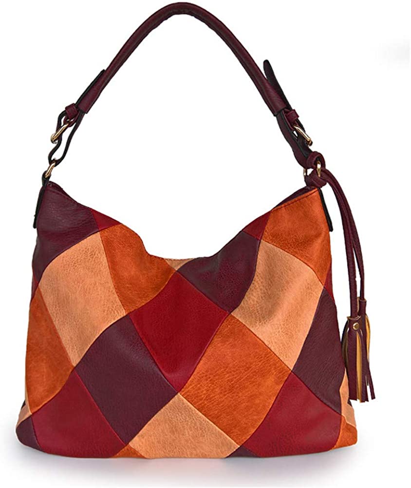 Price:$21.99    Women Hobo Shoulder Bag Large Capacity Splicing Contrast Color Tote Handbag with Tassel, Wine  Clothing