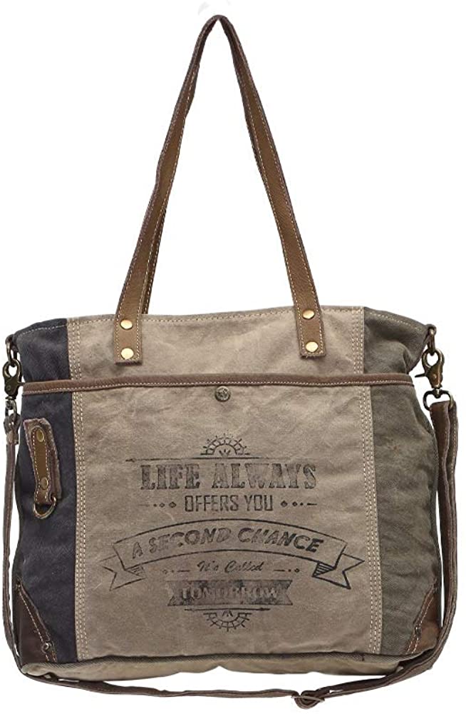 Price:$42.50    Myra Bags Life Always Upcycled Canvas Shoulder Bag S-0948, Tan, Khaki, Brown, One_Size  Clothing