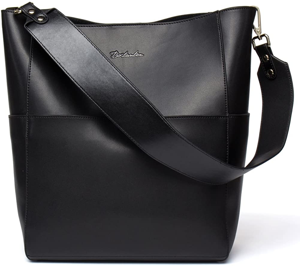 Price:$69.99    BOSTANTEN Women's Leather Designer Handbags Tote Purses Shoulder Bucket Bags Black  Clothing