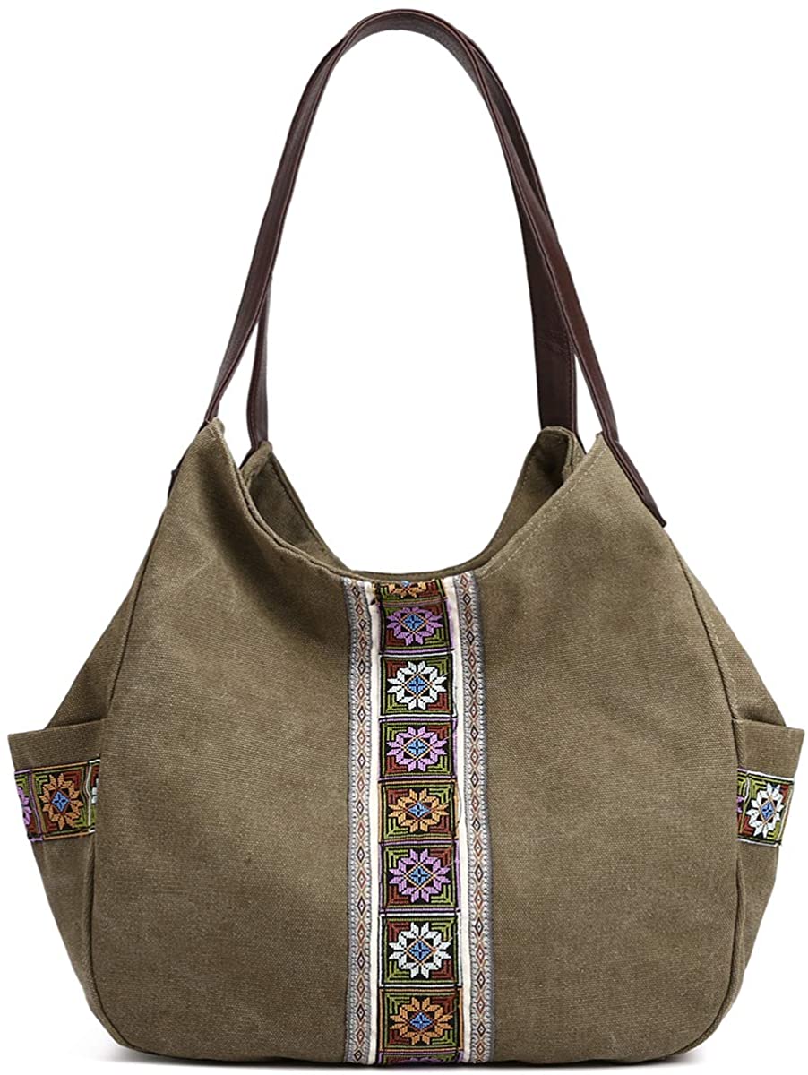 Price:$25.99    Worldlyda Women Canvas Hobo Purse Multi Pocket Tote Shopper Shoulder Bag Casual Top Handle handbag with Embroidery Ethnic (Upgraded Army Green)  Clothing