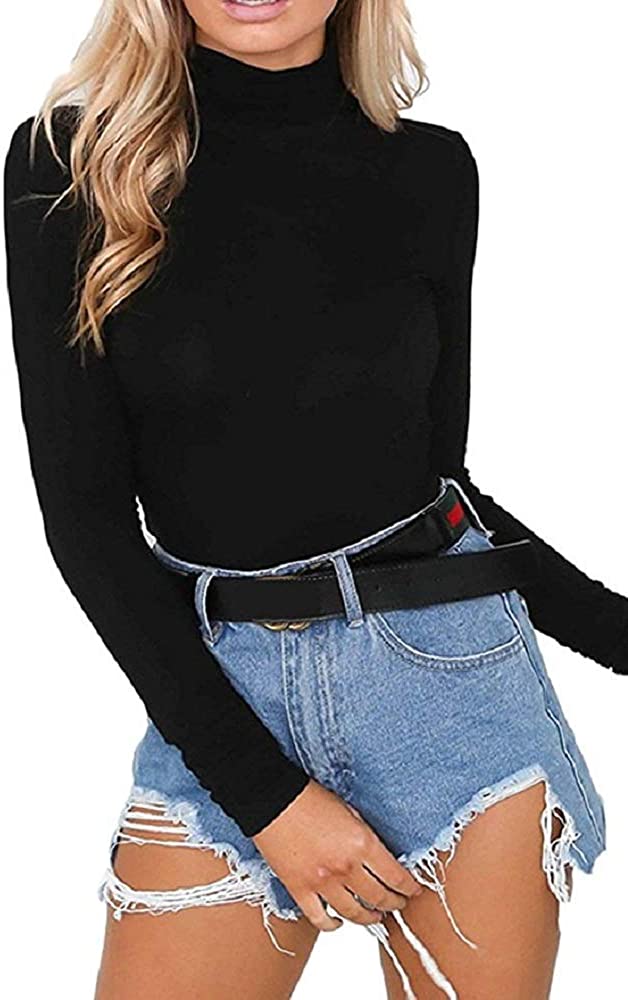 Price:$13.89 PRIMODA Women Stretchy Turtleneck Long Sleeve Bodysuits Basic Solid Color Bodycon Leotard at Amazon Women’s Clothing store