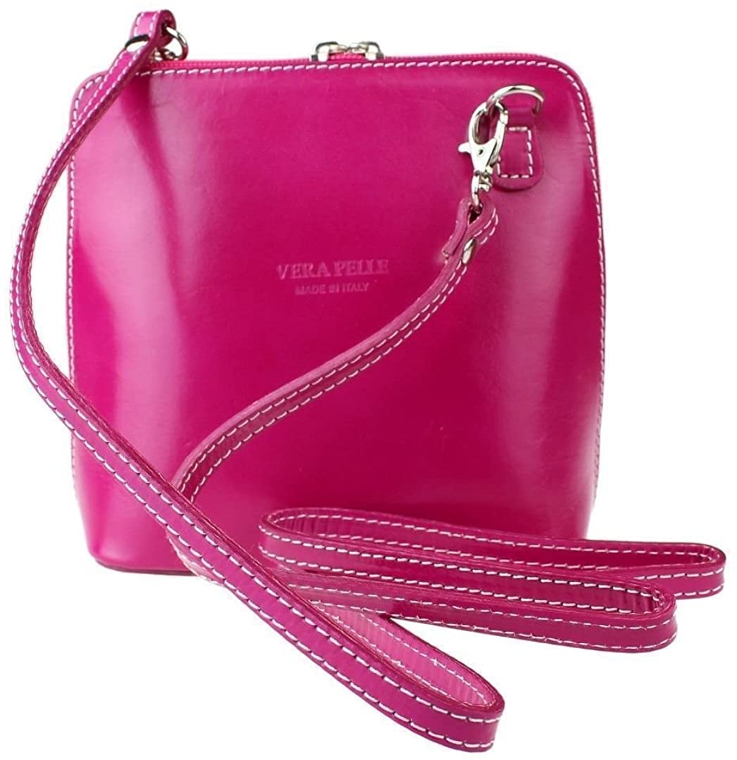 Price:$54.99 Ladies Fashion Small Square Vera Pelle Italian Leather Cross Body Shoulder Bags (Fuchsia)  Handbags   