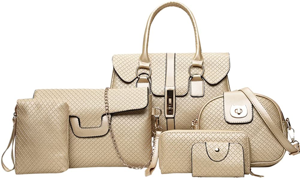 Price:$34.99    Bzybel Womens Fashion Handle Satchel Handbags Shoulder Bag Top Handle Purse Designer Tote Bag 6 Sets (Gold)  Clothing