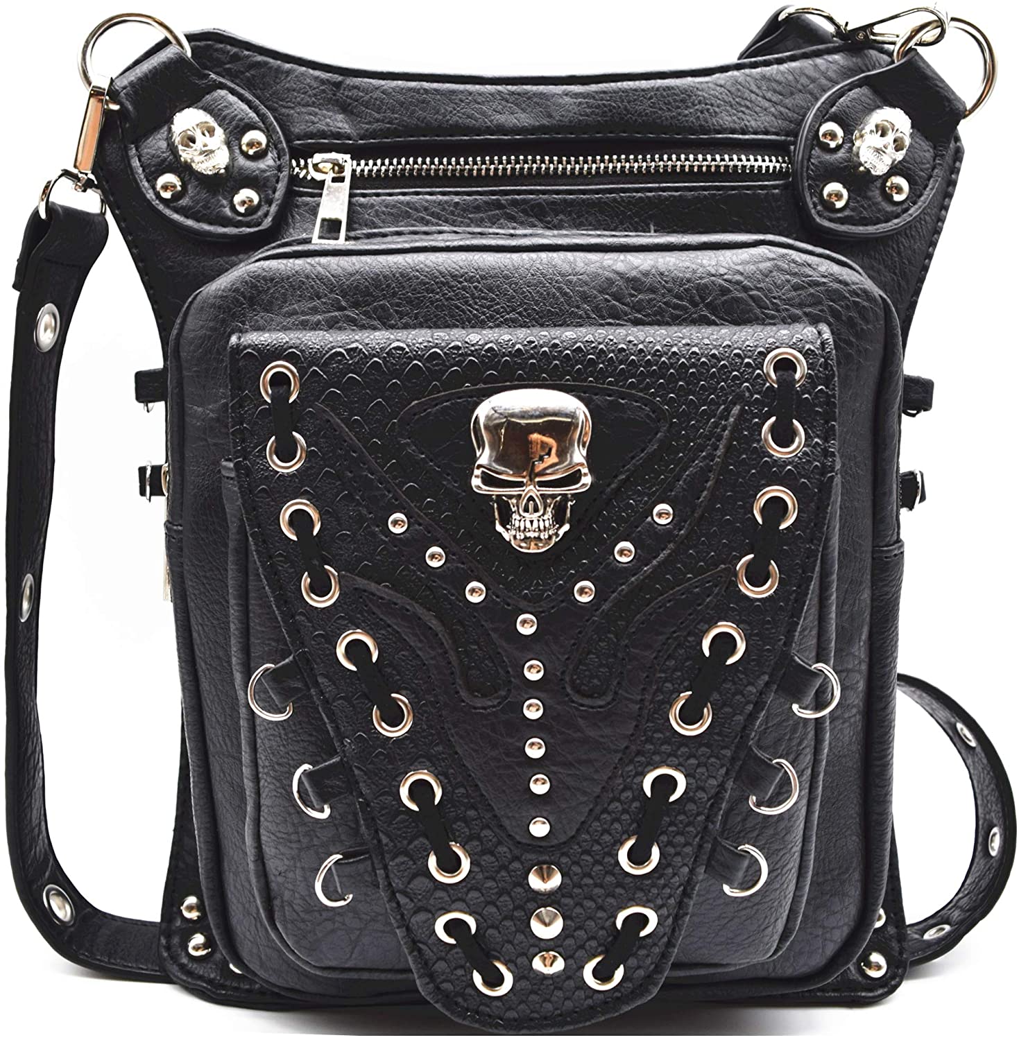 Price:$35.95 Punk Gothic Skull Studded Crossbody Handbag Concealed Carry Purse Women Single Strap Shoulder Bag Black  Handbags   