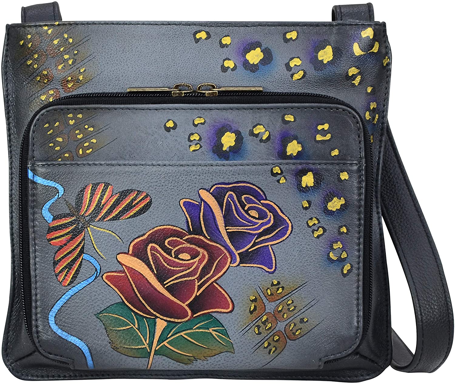 Price:$116.29 Anna by Anuschka Handpainted Leather Slim Shoulder Organizer, Rose Safari Grey  Handbags   