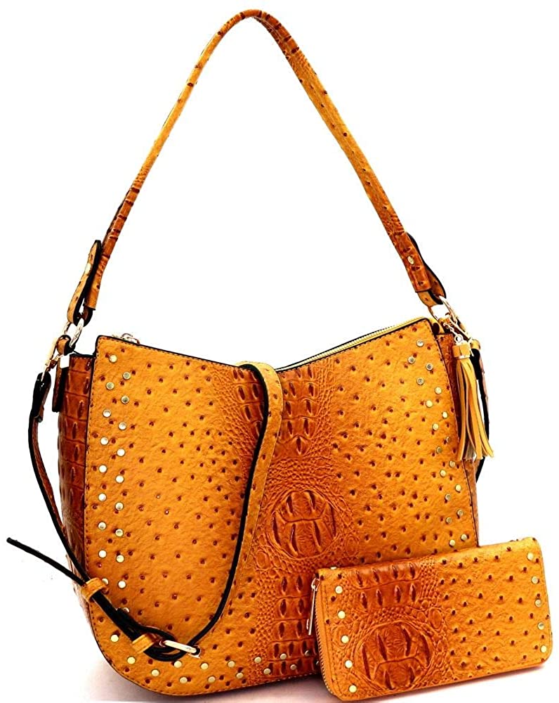 Price:$49.95    Ostrich Print Vegan Leather Large Round Shoulder Bag Hobo Crossbody Wallet SET  Clothing