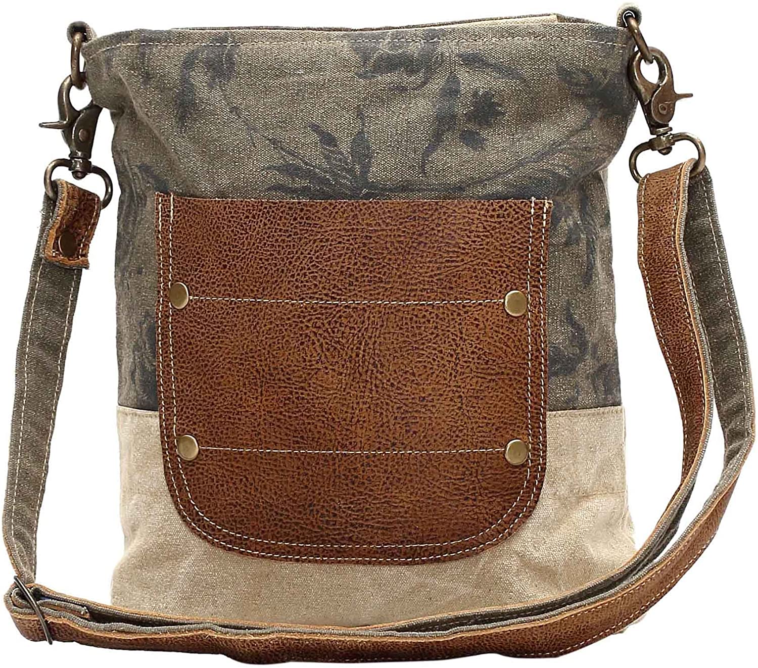 Price:$34.09    Myra Bags Leather Pocket Upcycled Canvas Shoulder Bag S-0945  Clothing