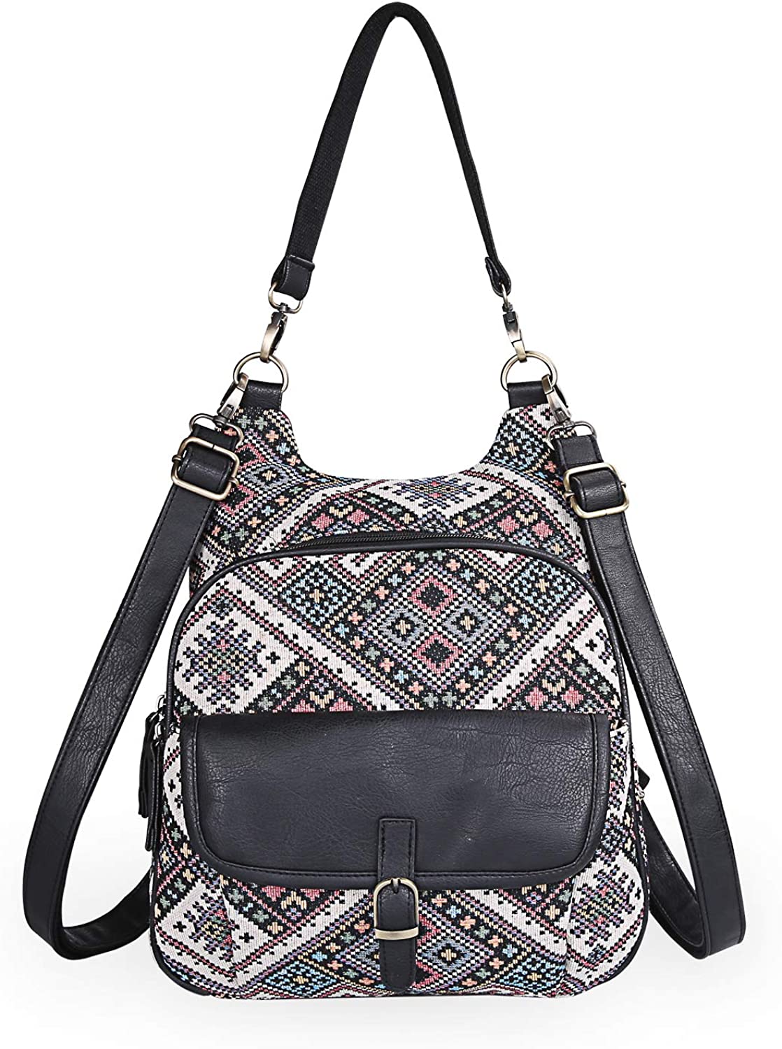 Price:$23.98    IDAILU Ethnic Backpack Purse for Women Convertible Jacquard Fabric Shoulder Crossbody Bag With 3 Removable Straps (Black boho)  Clothing
