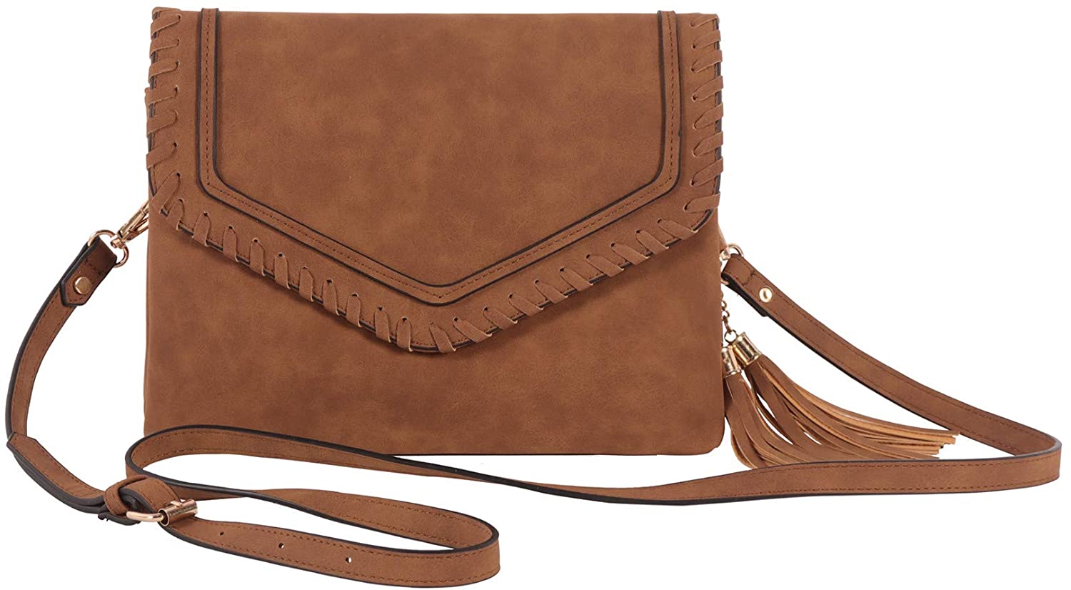 Price:$25.99 Women’s Envelope Crossbody Bag With Tassel Accents, Evening Leather Wrist Clutch Shoulder Bag Party Purse Bags MONOBLANKS (Brown)  Handbags   