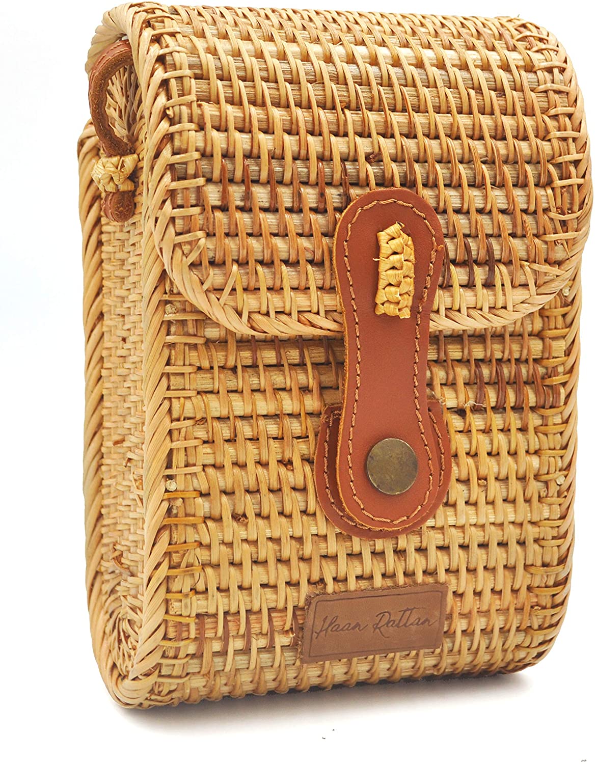 Price:$30.99 HAAN Women Cellphone Handwoven Wicker Crossbody Wallet Boho Purse Oval Rattan Bag For Summer Beach - Natural Stylish & Chic – Shoulder Real Leather Adjustable Strap  Handbags   