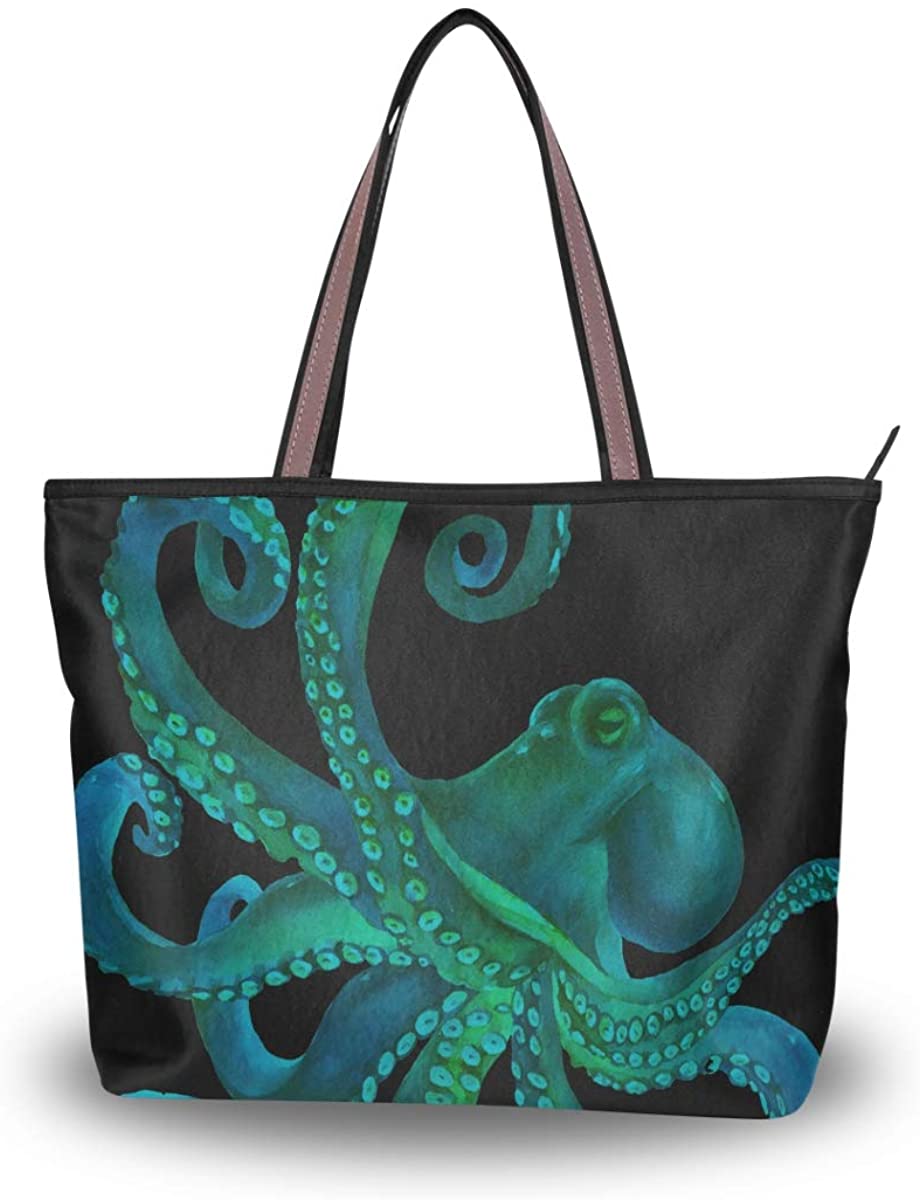 Price:$22.49    JSTEL Women Large Tote Top Handle Shoulder Bags Blue Watercolor Octopus Patern Ladies Handbag  Clothing