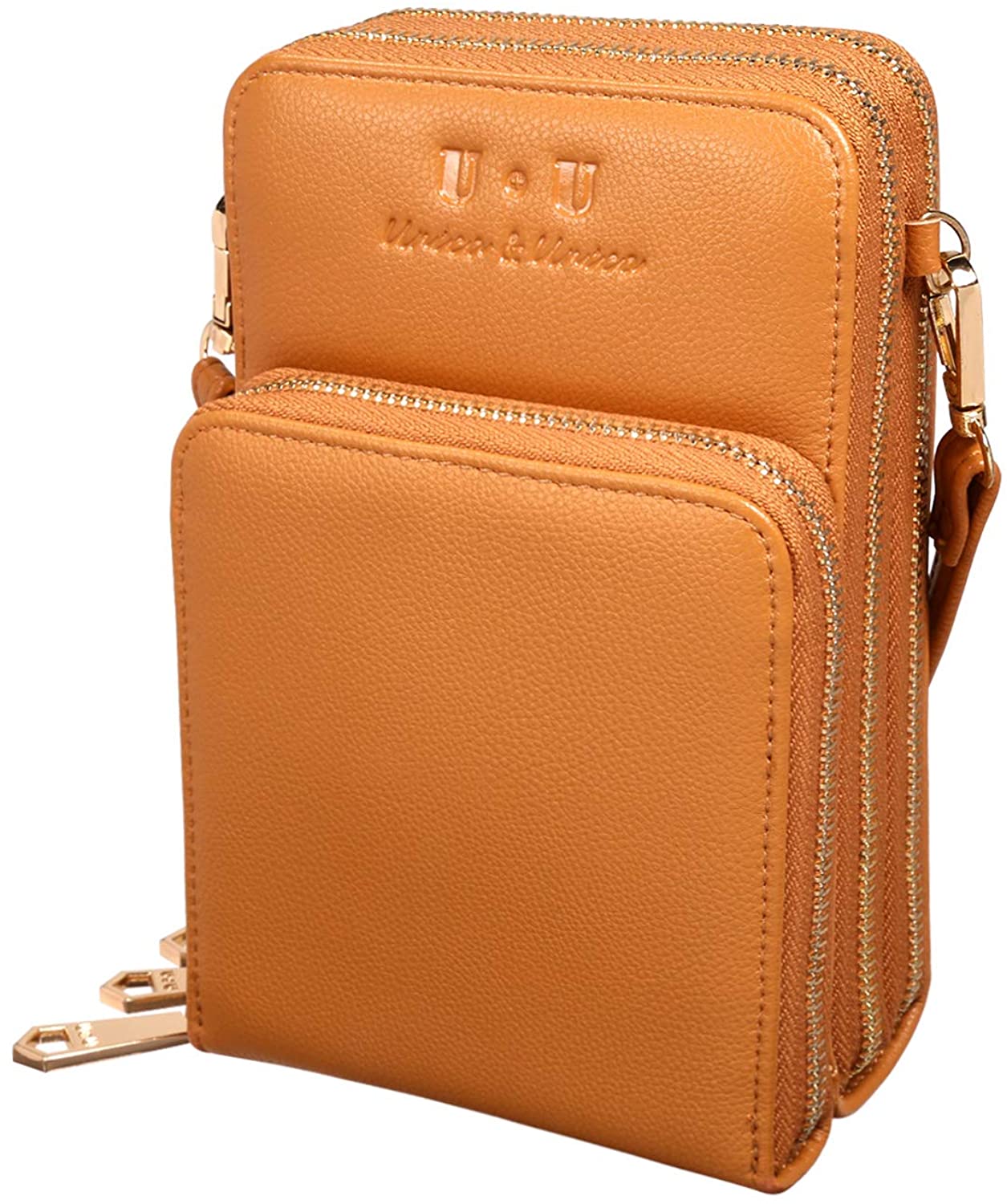 Price:$19.99 Triple Zip Small Crossbody Bag - U+U RFID Blocking Leather Cell Phone Purses Functional Multi Pocket Shoulder Bags for Women Brown  Handbags   