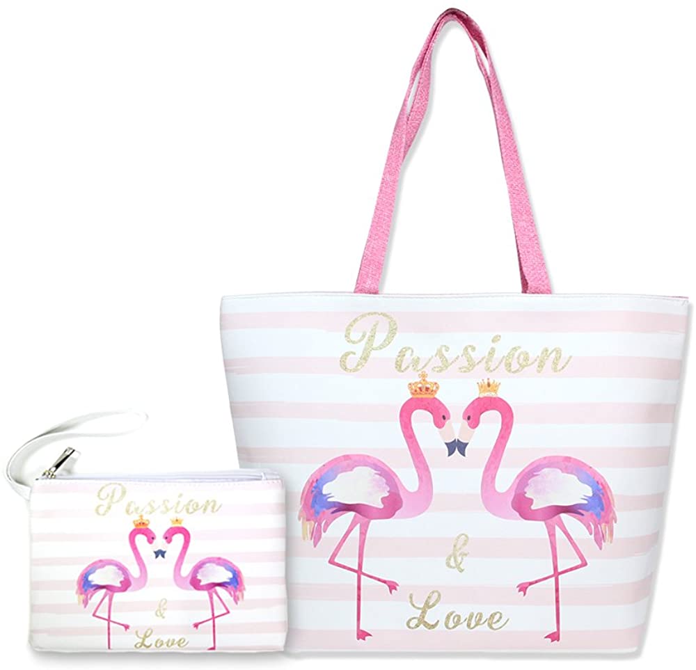 Price:$24.99 by you Women Summer Large Beach Tote Bag Travel Tote Bag Zipper Closure Shoulder Bag (2 pcs - Passion & Love Flamingo)  Handbags   