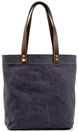Price:$25.99 Jeelow Canvas Market Tote Handbag Shoulder Bag Purse For Men & Women Genuine Leather Handles & Pockets (Grey)  Handbags   