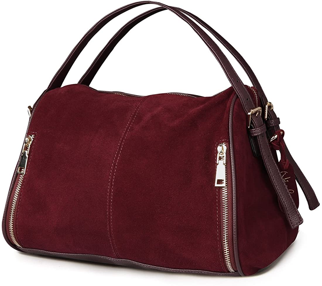 Price:$39.99 Nico Louise Women Boston Bag Genuine Suede Leahter Shoulder Travel Bag Casual Handbag (Burgundy)  Handbags   