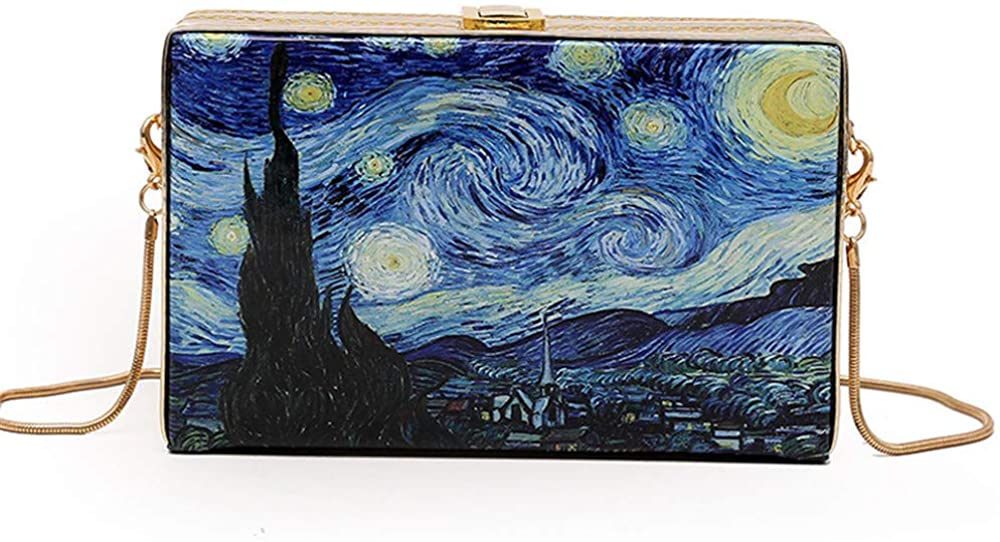 Price:$0.00 Van Gogh Painting Works Starry Sky Painting Chain Shoulder Messenger Bag Flap Clutch Purse Women Leather Handbags  Handbags   