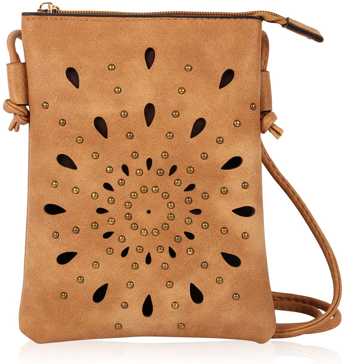 Price:$11.99 Bohemian Travel Vegan Leather Purse Handbag Pouch - Small Messenger Bag Shoulder Crossbody Passport Wallet w/Adjustable Strap Perforated, Studded (Solar - Camel)  Handbags   