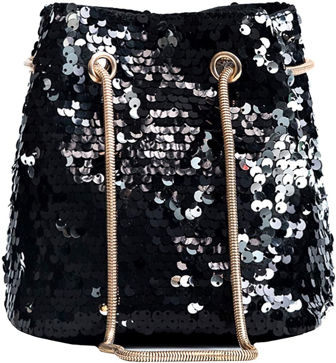Price:$15.99 Heidi Women Girls Fashion Sequins Crossbody Shoulder Bag Charming Drawstring Bucket Bags Tote Handbag (black)  Handbags   