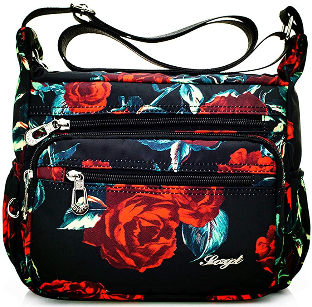 Price:$17.99 Women's Nylon Crossbody Bags Waterproof Lightweight Travel Purses Multiple Pockets Shoulder Handbag (Rose flower)  Handbags   