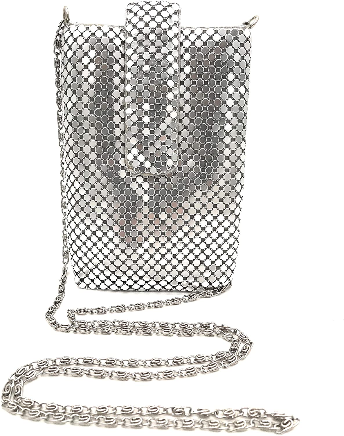 Price:$10.30 Women's Metal Mesh Cell Phone Pouch Wallet Purse Bag Cases Mini Cross-Body Shoulder Strap (Silver)  Handbags   
