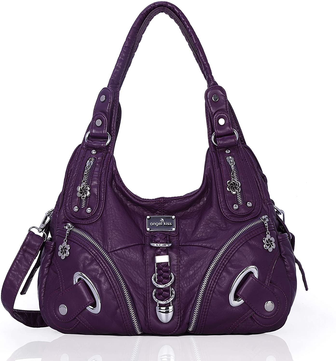 Price:$34.90    Angelkiss Women Multiple Pockets Purses and Handbags Washed Leather, Two Top Zippers Closure, Purple  Clothing