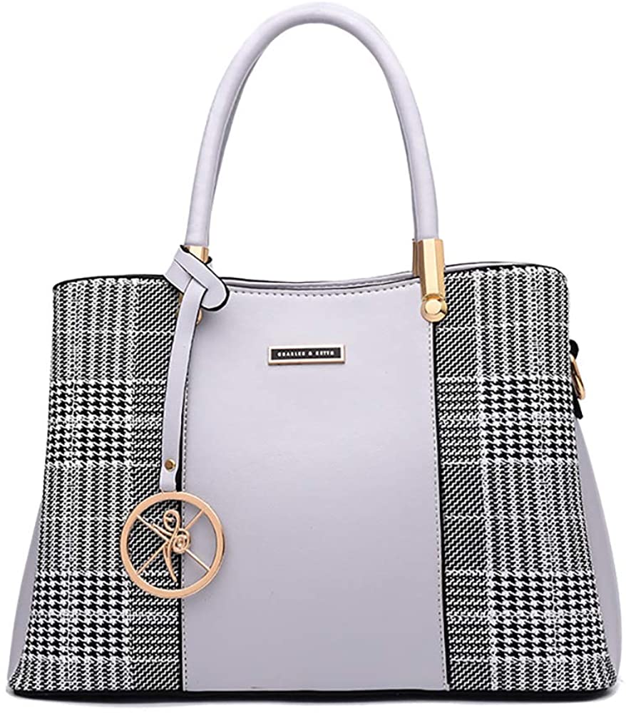Price:$22.99    Women Tote Handbag Splice Plaid Shoulder Bag Large Capacity Top Handle Bag for Work, Shopping, Travel, Gifts, Gray  Clothing